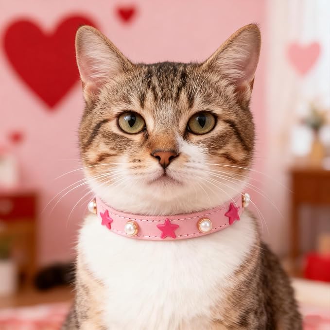 EXPAWLORER Leather Cat Collar for Girl Boy- Adjustable Pet Collar with Safety Elastic Belt,Personalized Star & Pearl Accessories Buckle Collars with Bell & Durable D-Ring,Pentagram (Pink)