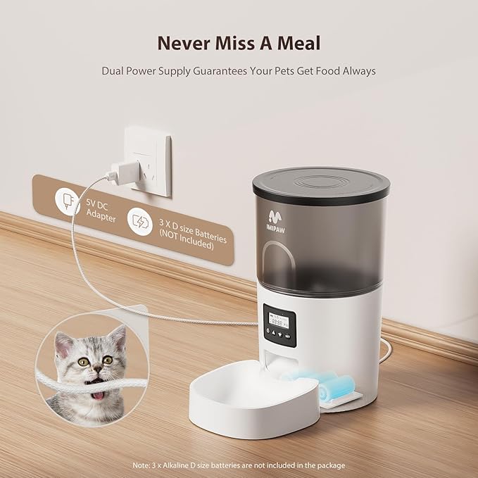 IMIPAW Automatic Cat Feeder and Water Fountain, Timed Dry Food Dispenser, Programmable Portion Control, 1-6 Meals Per Day, Desiccant Bag, Cat Fountains for Drinking with Filter, Small Pets (3L Combo)