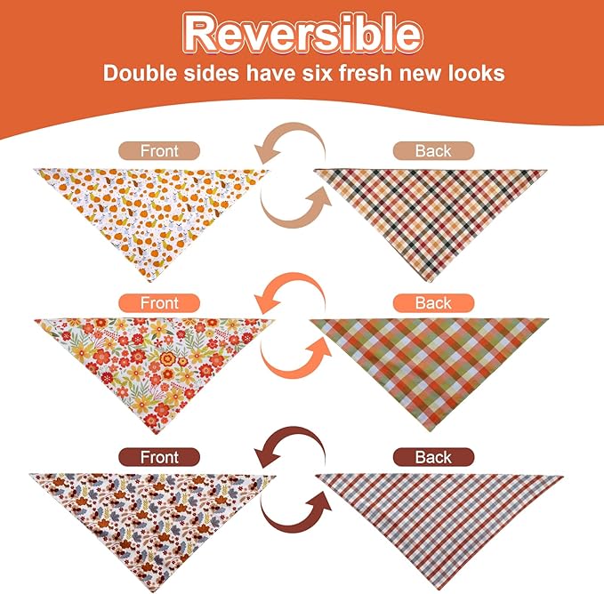 Fall Dog Bandanas Large 3PCS, 6 Pattern Thanksgiving Scarf for Boy and Girl, Pumpkin Leaves Flowers Triangle Reversible Bibs Breed for Puppy Pets