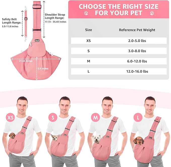 SlowTon Dog Carrier Sling - Thick Padded Shoulder Strap Adjustable Dog Carriers for Small Dogs, Puppy Carrier Purse for Pet Cat with Front Zipper Pocket Safety Belt Machine Washable (Pink M)