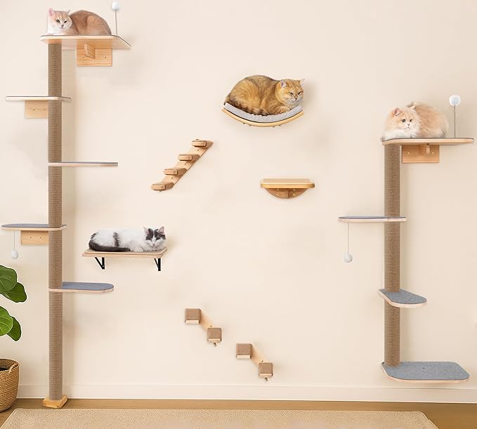 Floor to Ceiling Cat Tree for Kittens, 5-Tier Wall Mounted Cat Wall Shelves with Grey Felt Pads, Adjustable Wild Simulation Cat Tower, Natural Pine Wood Platforms for Climb, Scratch and Lookout
