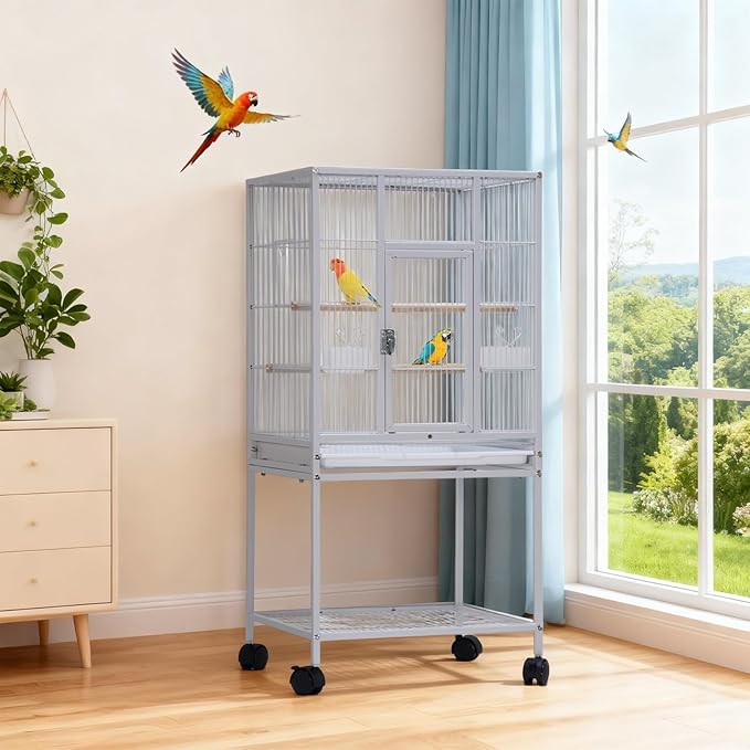 52'' Wrought Iron Birdcage with Detachable Rolling Stand & Feeder, Large Bird Cage with Secure Lock & Slide-Out Tray, Indoor Outdoor Bird Cage on Wheels,Parrot Cages for Parakeets, Pigeons, White