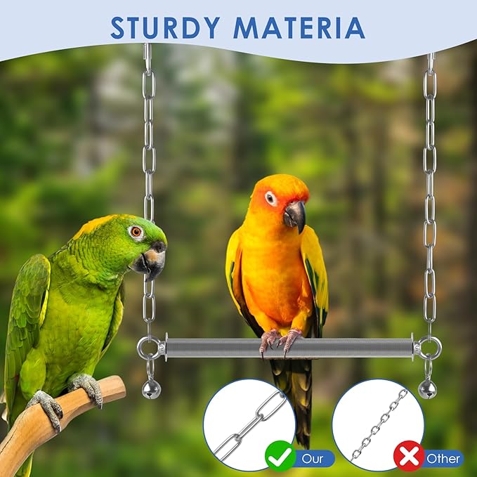 Stainless Steel Large Bird Swing, Hanging Heavy Duty Parrot Swings Perches Stand Toys with Bell, Claw Grinding Birdcage Accessories for Macaw Afican Grey Amazon Cockatoo