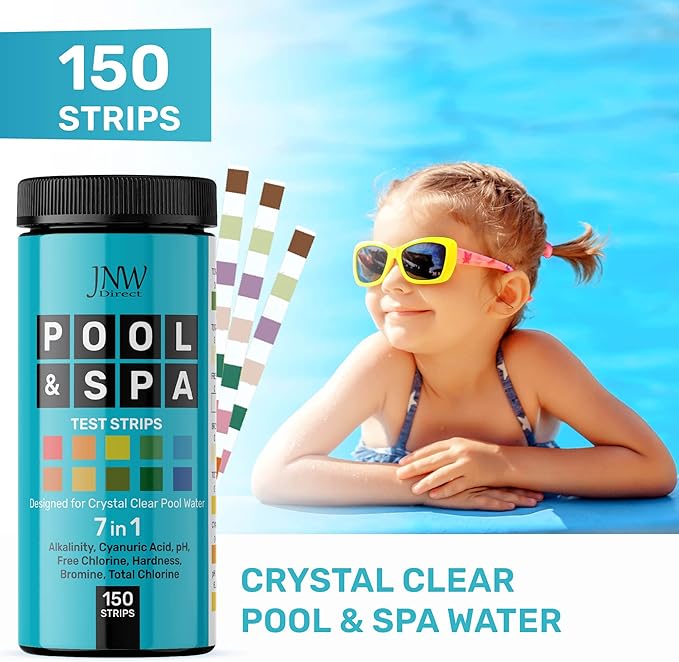 JNW 7-in-1 Pool Test Strips, 150 Quick & Accurate Test Strips for Pool Water, Spa Test Strips for Hot Tub, Chlorine Test Strips, Bromine, pH, Alkalinity, Hardness & More - Swimming Pool Test Kit