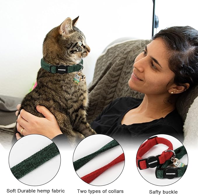 Cat Collar,2 Pack Holiday Cat Collars Breakaway with Bell, DOGWONG Safety Buckle Red Green Christmas Cat Collar for Girl Boy Cats and Small Dogs，Adjustable 7-12 Inch,Pet Supplies Accessories