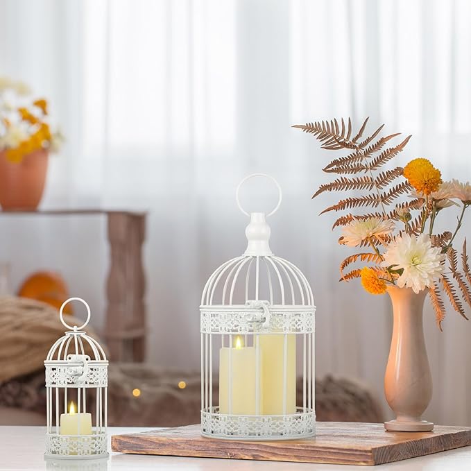 Sliner 4 Pcs Birdcage Candle Holder Valentine Decorative Bird Cages for Weddings Vintage Candlestick Holders Metal Lanterns Model Wedding Candle Centerpieces for Tables Valentine Home Decor(White)