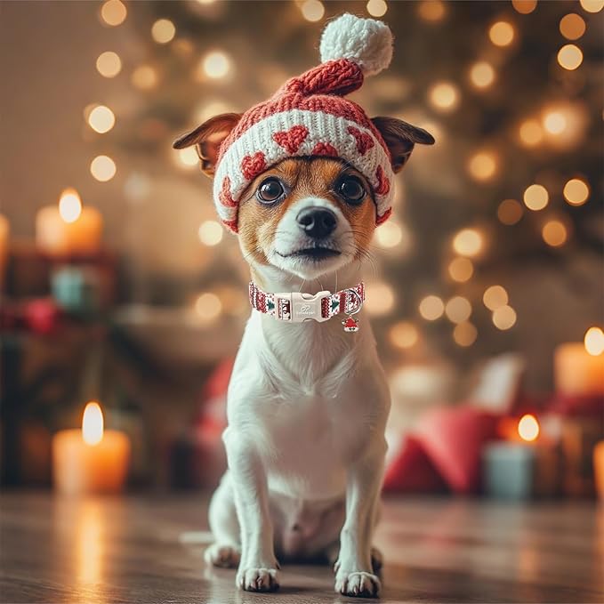 Christmas Dog Collar for Small Dogs - Cute Fair Isle Style Christmas Collars for Dogs, Soft Adjustable Winter Holiday Dog Collars with Quick Release Buckle S