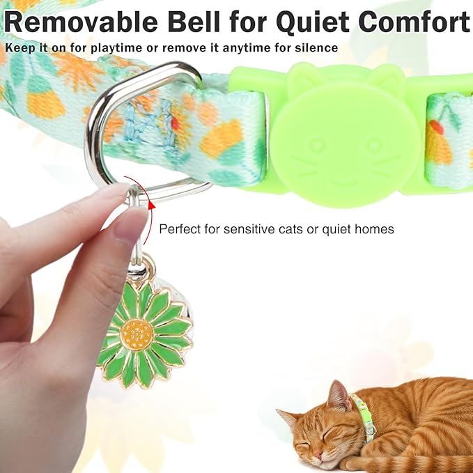 Cat Collars for Girl Cats, 3 Pack Spring Flower Cat Collars Breakaway with Bell for Outdoor Indoor Kitten, Cute Collar with Safety Buckle Adjustable 8"-12" for Kitty Puppy Small Pets, Floral