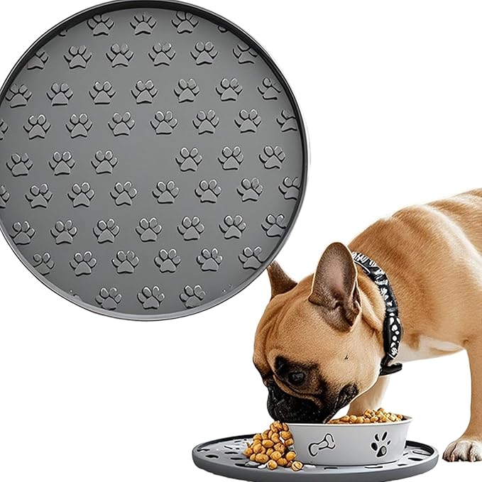 Silicone Dog Food Mat,Silicone Pet Food Mat Cat,Rubber for Dog Bowls Mats for Food and Water Bowl Feeding Round Paw Print（1 Pcs，Gray）