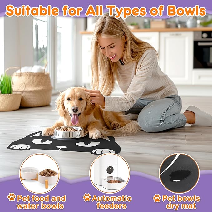 Pet Mats for Food and Water Dog Cat Food Mats Pet Feeding Mat Anti-Slip No Stains Quick Dry Floors Waterproof Placemat Food Water Bowl Mat Halloween Decorations - 23.6"x15.7" Black Cat