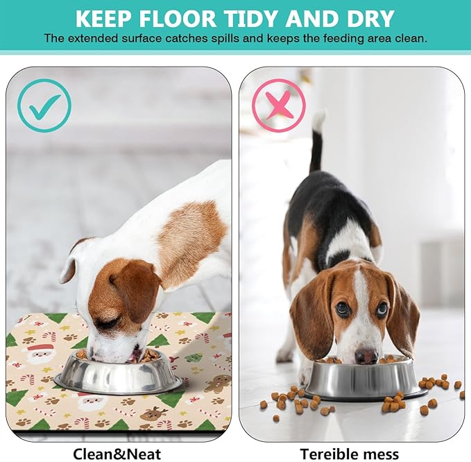 Christmas Dog Food & Water Mat, Paw Prints Santa Claus Snowman Xmas Pet Feeding Mat for Floor Non-Slip Waterproof, Super Absorbent Cat Bowl Mat, Easy to Clean Pet Placemat,24" × 32"