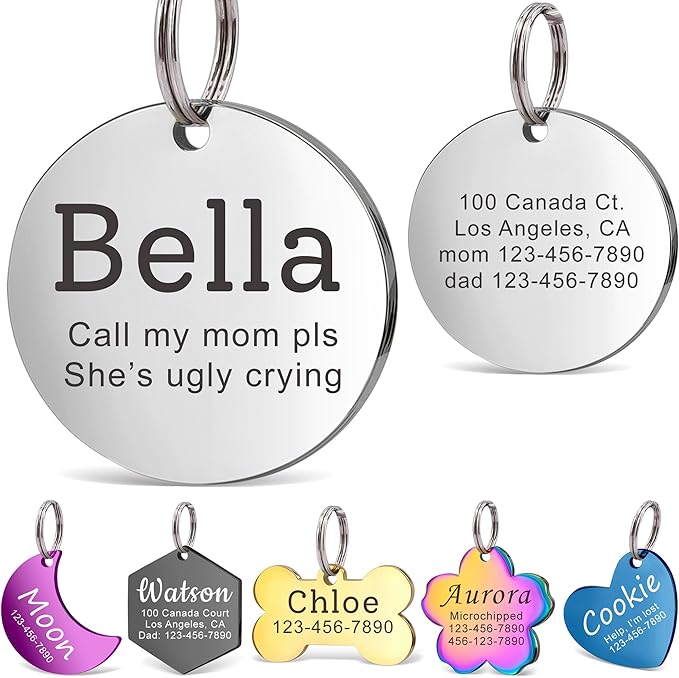 Anavia Personalized Pet ID Tags, Stainless Steel Glossy Laser Engraved Dog Cat Collar Name Tags, Multiple Colors Shapes Sizes (Round, Regular)