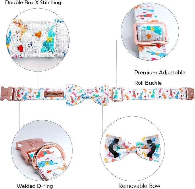 Lionheart glory Easter Dog Collar with Bow Tie Rabbit Print Dog Collar Girl or Boy Soft Durable Adjustable Puppy Gift Collar Bows Spring Collar Dog Bow
