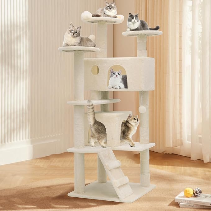 Athena Collection Multi-Level Cat Tree Center with 2 Cat Condo & Scratching Post & Dangling Ball, 54 Inch Tall Cat Tower, Beige