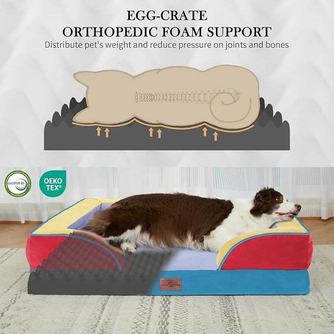 Comfort Expression Orthopedic Dog Bed for Extra Large Dogs 42x30 Inch, Waterproof Egg Crate Foam XL Pet Bed with Removable Bolsters, Dog Couch with Washable Cover & Non-Slip Bottom, Funfetti Fiesta