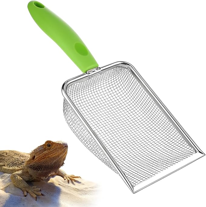 Stainless Steel Mesh Litter Shovel, Fine Mesh Metal Reptile Litter Cleaner Scooper, Green Non-Slip Handle Sifter for Lizard Substrate Reptile Terrarium Sand Waste