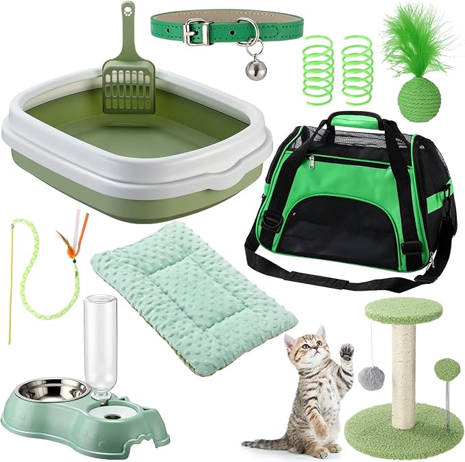 Eccliy Kitten Starter Kit, 10 Pcs Cat Starter Kit for Indoor Cats Kitten Essentials Includes Litter Box, Pet Toy, Folding Carrier, Climbing Frame, Mat, Collar, Automatic Food Bow(Classic,Green)