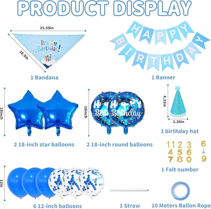 Dog & Cat Birthday Party Decorations Set Include Bandana, Adjustable Hat, Balloons, Happy Birthday Banner for Male and Female. Available for Small & Medium & Large Breeds (Blue)