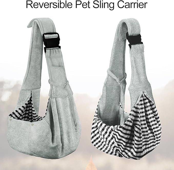 PETLOFT Reversible Small Dog Cat Sling Carrier, Adjustable Hands Free Cross Body Carrier with Collar Hook for Dog/Cat/Bunny up to 11lb (Light Grey)