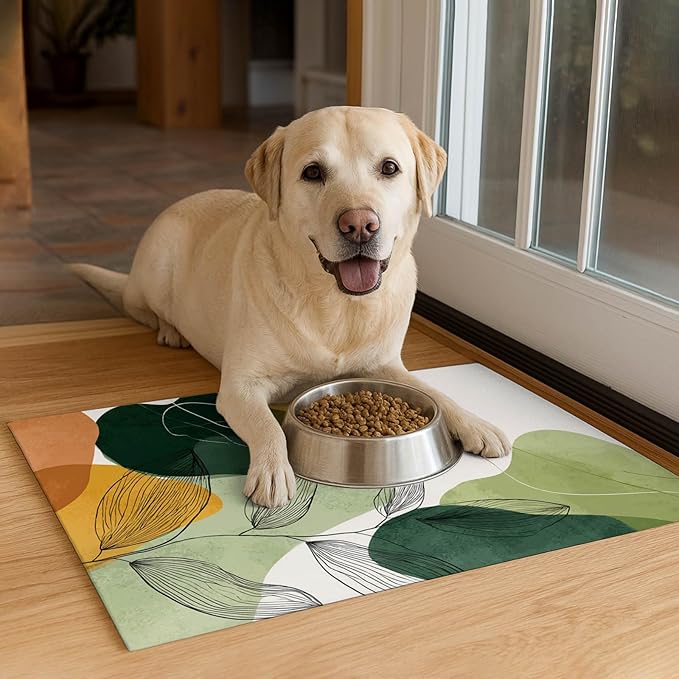 Modern Abstract Leaf Design Pet Feeding Mat 20" x 12" Pet Food Mat Non Slip Mat for Dog Food and Water Bowls Easy Clean Dog Bowl Mats Pets Placemat for Kitchen Pets Feeding Area Decor