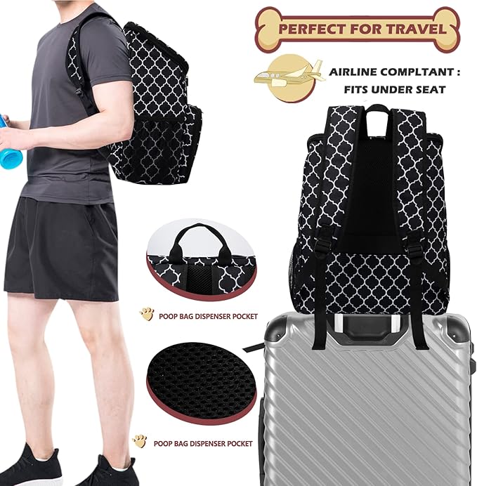 BAGLHER Dog Travel Bag Backpack, Airline Approved Pet Supplies Backpack, Dog Travel Bag with 2 Silicone Collapsible Bowls and 2 Food Baskets DLBlack