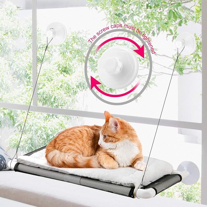 Cat Window Perch, Cat Hammock Window Seat w/Free Fleece Blanket 2025 Latest Screw Suction Cups Extra Large Sturdy Bed Resting Seat Hold Two Large Cats White Indoors (One Extra Suction Cup