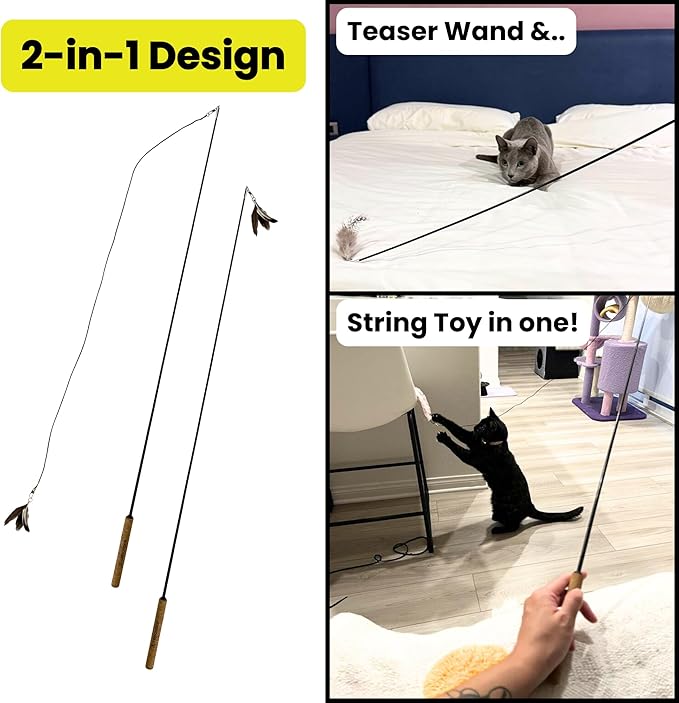 Forever Stick - The Unbreakable Cat Wand Toy, Extra Long Durable Cat String Toy for Indoor Cats, Cat Fishing Pole Toy for Bored Indoor Adult Cats, Feather String Toy On Stick Enrichment