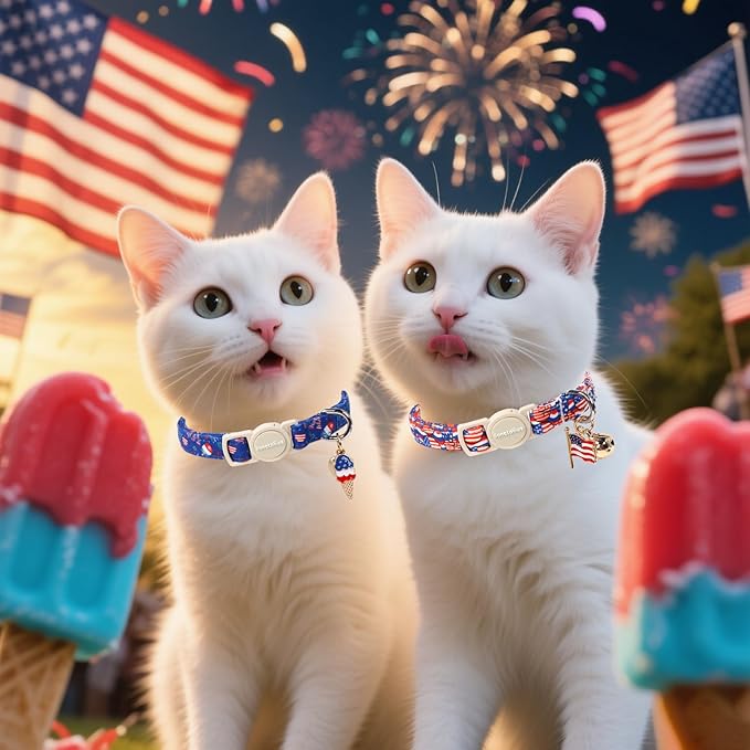 Lionet Paws 2pcs Pack 4th of July Cat Collar,Summer Cat Collars with Popsicle and USA Pattern,Cute Adjustable Cat Collar for Girl Boy Cats