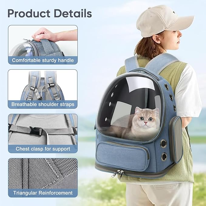 Cat Backpack Carrier, Breathable Cat Bubble Backpack for Kitty & Small Dog, Large Space Cat Carrier Backpack, Foldable Airline Approved Carrier for Trip Vet Travel up to 18lbs（Blue）