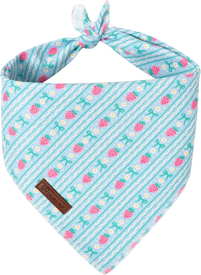 Summer Dog Bandana, UP URARA PUP Strawberry and Bowknot Triangle Bid Scarf for Medium Large Dogs, Cotton Kerchief for Girl Boy Puppies, Cute Spring FloralBandana,L