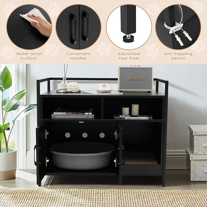Giantex Cat Litter Box Enclosure - Cat Washroom Hidden Furniture with Front Entry, Scratcher, 2-Door Storage Cabinet, 2 Compartments, Air Vents, Metal Frame, Wooden Pet Crate House (Black)