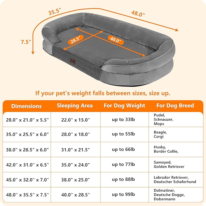 Dwanton Orthopedic Dog Bed for Extra Extra Large Dogs with Gel Memory Foam, Waterproof Dog Sofa, Washable Pet Bed with Four Sided Bolster Cushion, Removable Cover & Non-Slip Bottom, 48", Medium Gray