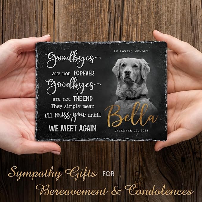 Custom Rectangular Memorial Stone - 'Goodbyes are Not Forever' - Dog House Outdoor Garden Decor, Photo Design - Meaningful Gifts for Cat Lovers Mourning a Pet