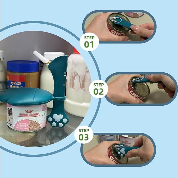 Cat Food Can Spoon & 3 Pcs Can Lids | Cute Paw Shape Covers & Opener for Wet Food | Universal BPA Free Silicone for Cats and Dogs Food(Dark Blue)