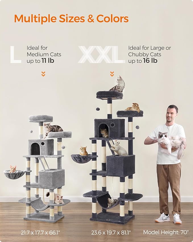 Feandrea Cat Tree, 81.1-Inch Large Cat Tower, Multi-Level Plush Condo with 13 Scratching Posts, 2 Perches, 2 Caves, Basket, Hammock, Pompoms, Light Gray UPCT190W01