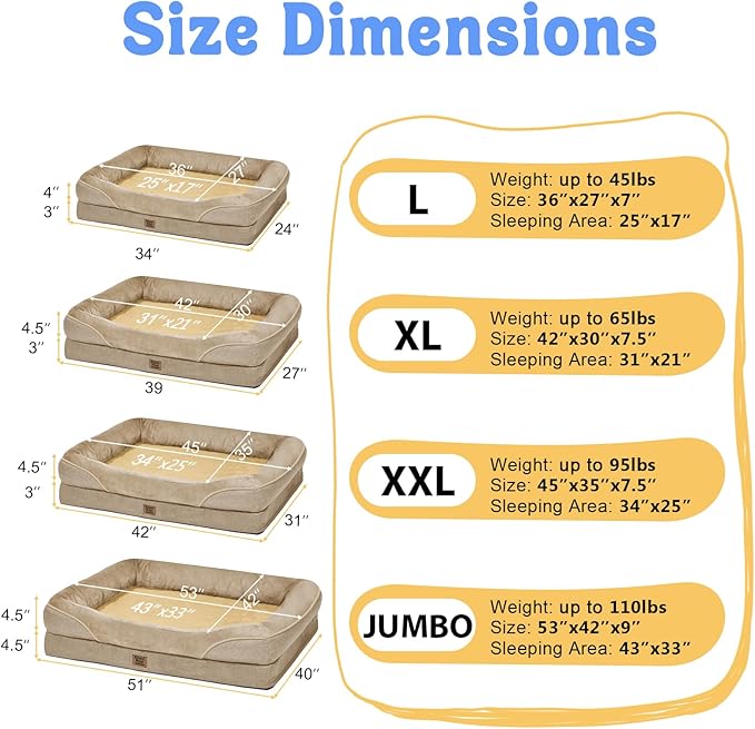 Orthopedic Extra Large Dog Bed - XXL Washable Giant Pet Couch Sofa with Removable Cover Waterproof Bolster for Large Size Dogs, 45x35