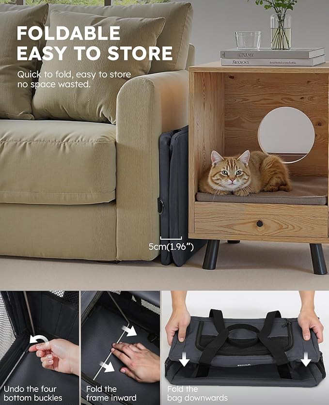 Pecute Cat Carrier Stable, Pet Carrier with Hidden Anxiety Relief Partition & Stable Steel Frame, Safe Cat Carrier for Car Travel, Soft-Sided Dog/Cat Carrier Bag for Pets Up to 11lbs, Dark Gray