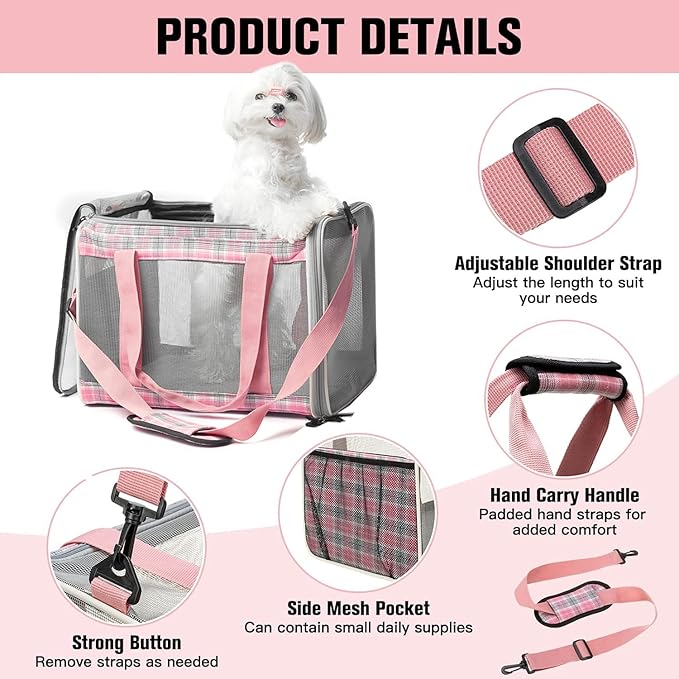 EXPAWLORER Large Cat Carrier Dog Carriers Soft for Small Medium Cats Puppies Up to 20lbs, Airline Approved Pet Carrier Soft-Sided Collapsible Pet Travel Carrier Fit 2 Kitties (Pink)