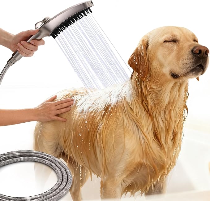 G-Promise 3 Mode Dog Shower Attachment with Pause Mode, Dog shower Sprayer with 78 Inches Stainless Steel Hose, Metal Diverter, Adhesive Holder, for Fast and Easy Dog Bathing and Cleaning