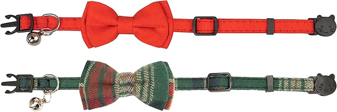 Collar for Cat Pet Breakaway with Bell Bowtie Detachable Bow Adjustable Safety Kitten Puppy Girl Boy 2pcs Christmas-A