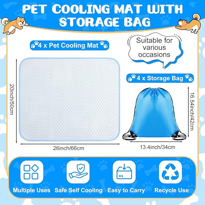 Chunful 4 Pack Pet Cooling Mat 26 x 20 Inches Cooling Pads for Cats Summer Ice Silk Self-Cooling Pet Mat Portable Washable Non-Skid Dogs Blanket Pad for Small Dogs Puppy and Cats up to 25 Lbs