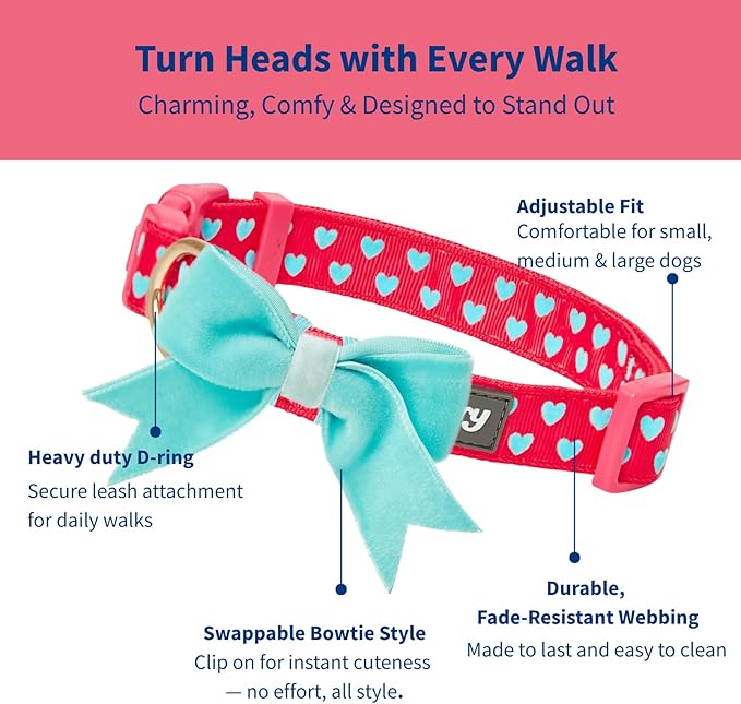 Blueberry Pet Adjustable Flocking Dog Collar for Large Dogs, Pink Girl Dog Collars with Detachable Velvety Bowtie, Heart in Lust Red, Spring Dog Collar for 18-26 Inch Neck