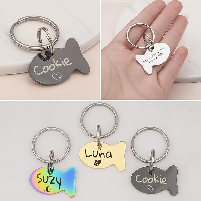 Anavia Small Size Dog Cat ID Tags, Small/XS Personalized Color Plated Stainless Steel Puppy Kitten Name Tags, Customized Engraved Nameplate Pet Collar Tag (Gold, Fish)