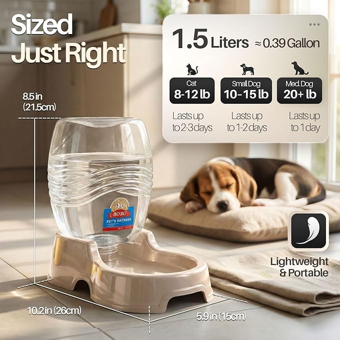 Flexzion Automatic Gravity Pet Waterer for Cat & Dog - Non-Skid & Easy-Clean Auto Replenish Water Dispenser Drinking Bowl (3/8 Gallon / 1.5L), Beige