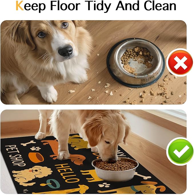 Cute Happy Dog Pattern Design Pet Food Mat 20" x 12" Fun Easy Clean Pet Feeding Mat Absorbent Cat Bowl Mat Non Slip Dog Foods Mats Pets Placemat for Dogs and Cat Feeding