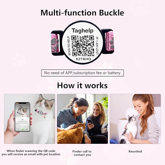 2 Pack QR Code Cat Collar with Instant Lost Pet Recovery System, Scan for Urgent Alerts & Location Info, Breakaway Reflective Collar with Safety Bell (Blue & Pink)