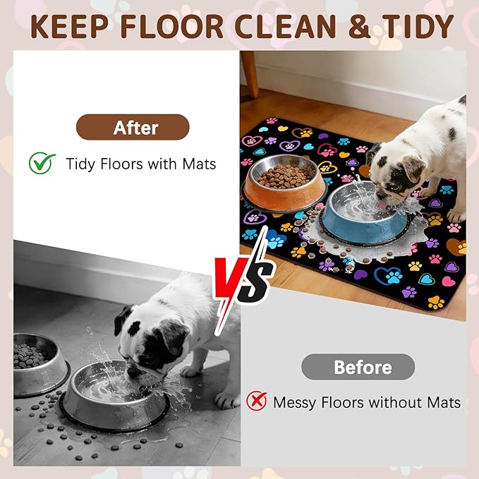 Dog Food Mat for Bowls, Absorbent Quick Dry Dog Cat Mats for Food and Water, Non-Slip Backing Pet Mat Pet Supplies - Paw Pattern