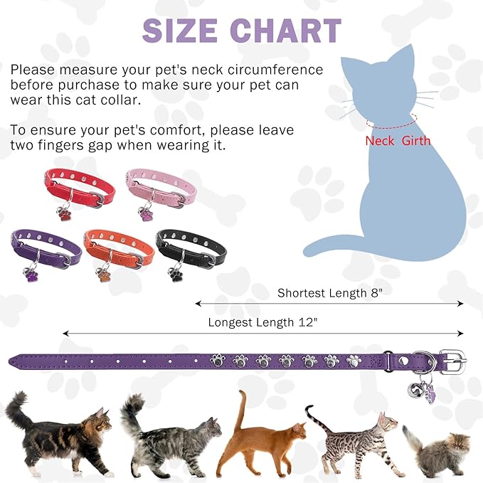SCENEREAL Cat Collar with Bells, Leather Cat Collars with Paw Studded, Adjustable Pet Collars for Boy Girl Cats,Soft Cute Cat Collar for Kitty Puppy Small Big Cats, Purple
