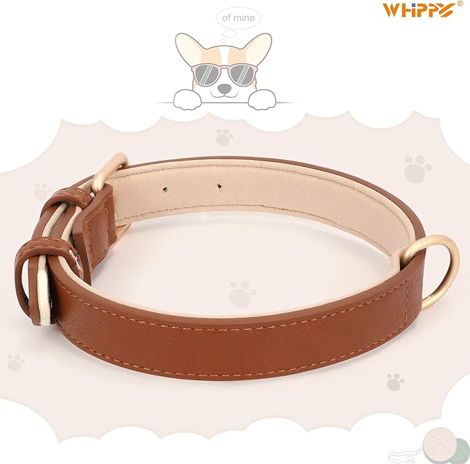 WHIPPY Leather Dog Collar for Small Medium Large Dog Adjustable Soft Breathable Leather Padded Puppy Collar with Alloy Buckle Heavy Duty Waterproof Classic Dog Pet Collar,Brown,S