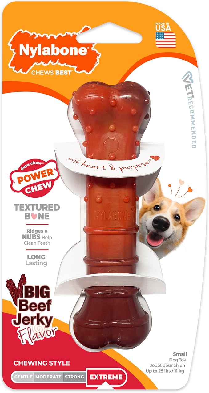Nylabone Textured Bone Power Chew Toy for Dogs, Durable & Tough Dog Toys for Aggressive Chewers, Beef Jerky Flavor, Small Dogs - Up to 25 Ibs, 1 Count